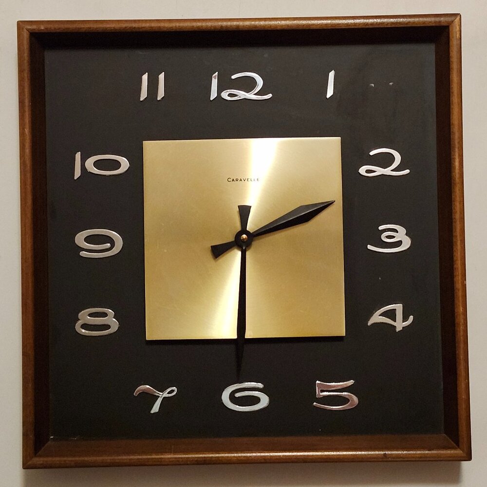 Caravelle Vintage Clock Metallic Wood Open Face Table Top or Wall Mount Bulova